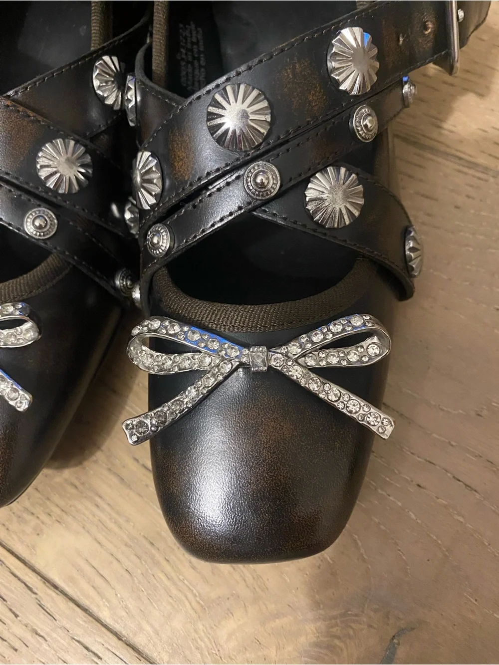 Free People Black Studded Ankle-Strap Flats with Crystal Bow Accents